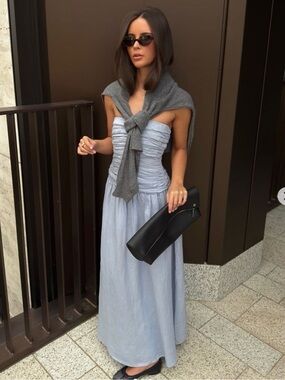 DISSH Aubriella Dusty Blue Linen Midi Dress US 2